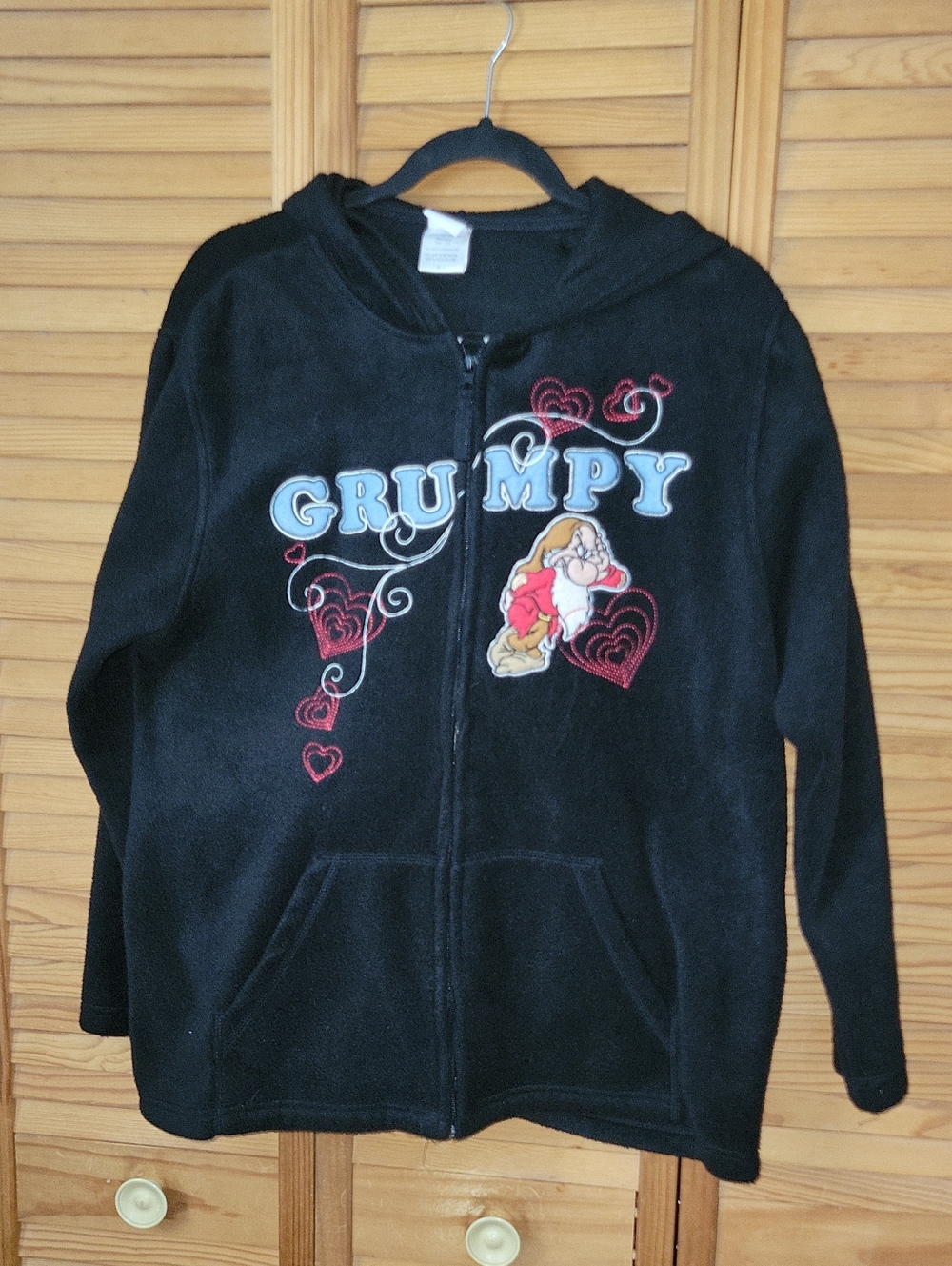 Disney Grumpy Full Zip Fleece Hoodie Black Embroidered Hearts Plus Size 1X